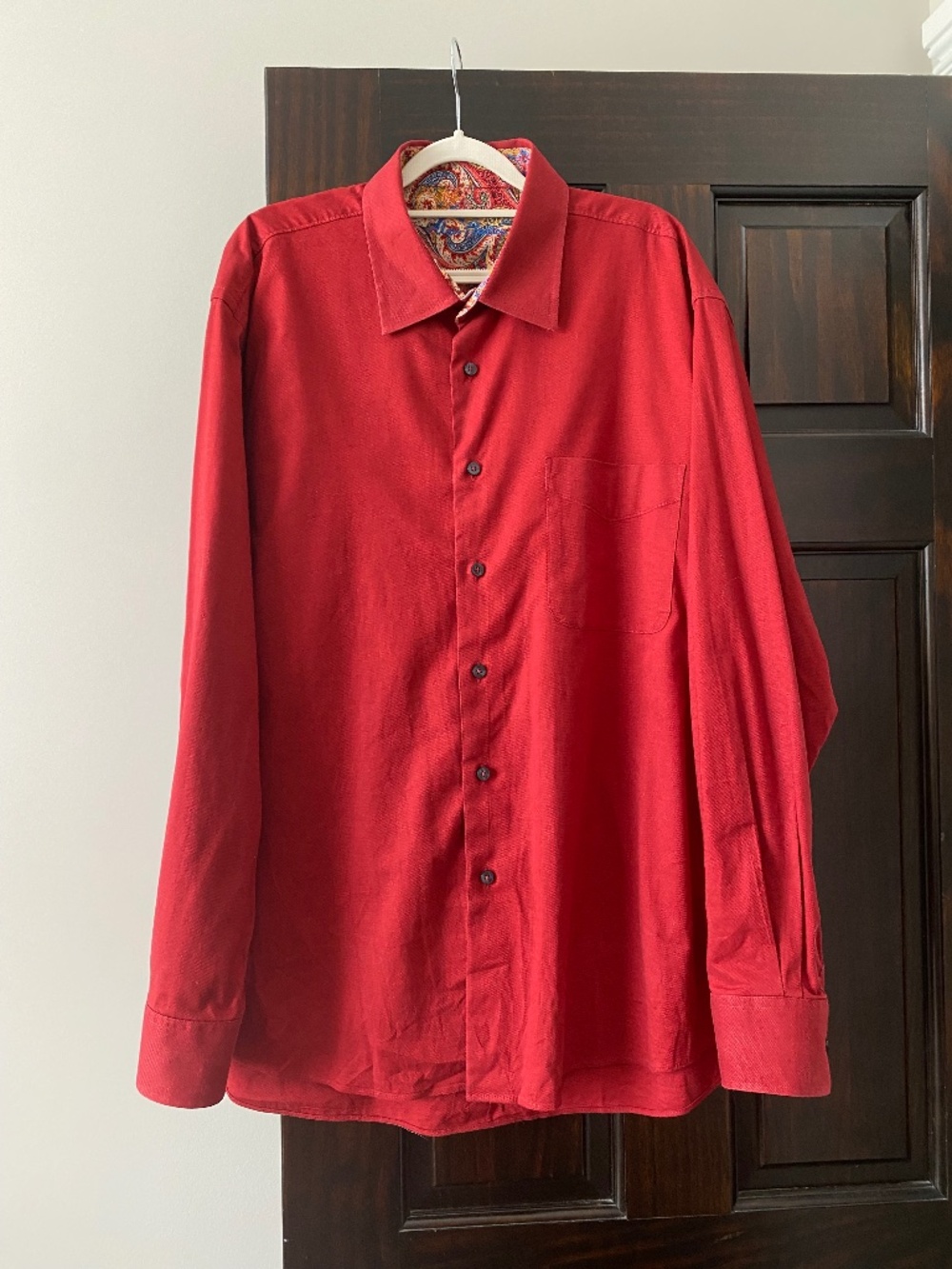 Alan Flusser Red Button Up Shirt Mens XL Paisley Trim Luxury Designer Dress Shir